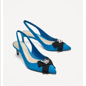 Zara blue suede embellished bow slingback shoes 41